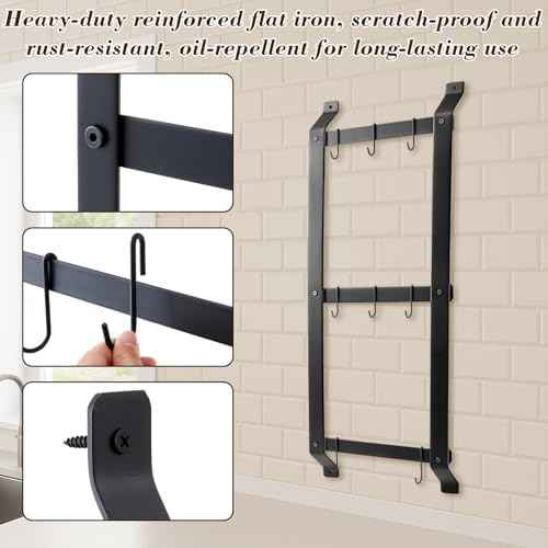 MorningRo 37” Pot and Pan Hanging Rack Wall Mounted, 3 Tier Iron Vertical Hanging Pan Organizer Shelf with 8 S Hooks Hanger for Kitchen Utensils, Space Saving Storage for Cookware