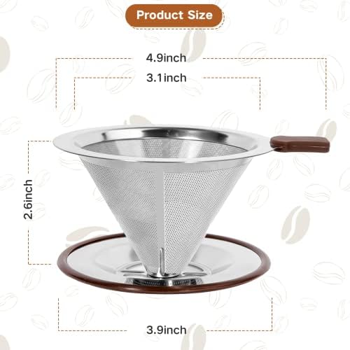Pour Over Coffee Dripper, Stainless Steel Reusable Cone Filter, 1-2