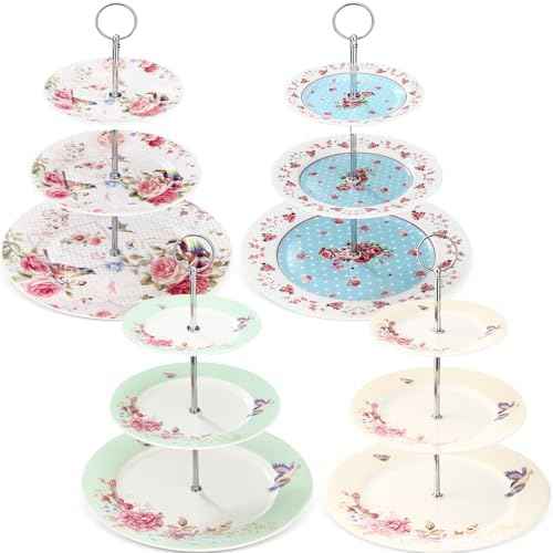 Dandat 4 Pcs 3 Tier Cake Stand Floral Ceramic Afternoon Serving Tray