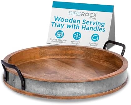 BIRDROCK HOME Round Wood Serving Tray with Handles and Iron Accents