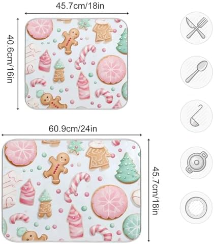 Emelivor Pink Green Christmas Gingerbread Dish Drying Mat for Kitchen