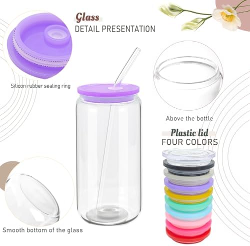 20 Pack Drinking Glass Cups with Acrylic Lids and Glass Straws 16oz