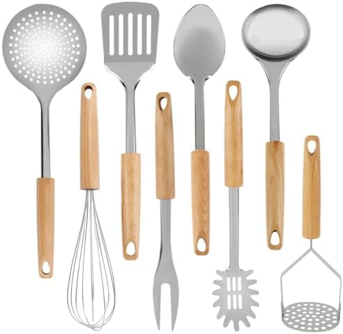 Keewah Cooking Utensil Set, 8 Piece, Stainless steel with Wood Handle