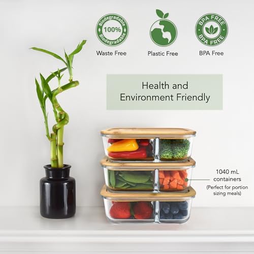 EcoPreps Glass Meal Prep Containers with Bamboo Lids, 2 Compartment