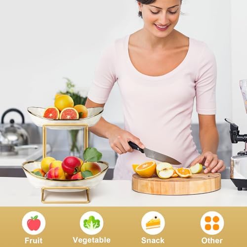Fruit Bowl for Kitchen Counter, 2 Tier Fruit Basket for Counter, Ceramic Fruit tray, Tiered Holder with Metal Stand, Modern Detachable Rack for Vegetable Snack Dessert Storage (Gold&White)