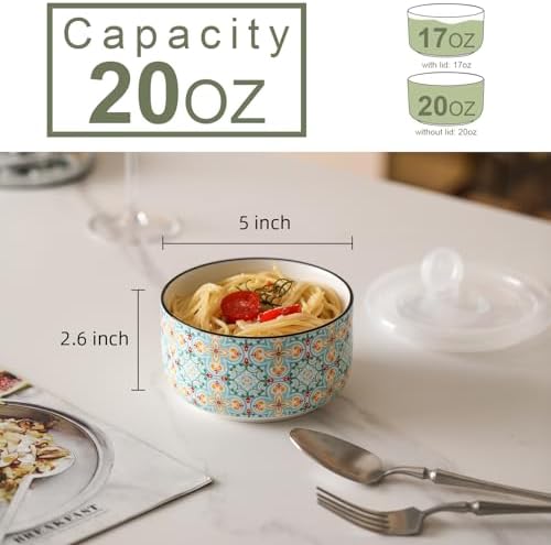 Ceramic Bowls Set with Lid, Microwave Safe, Set of 4