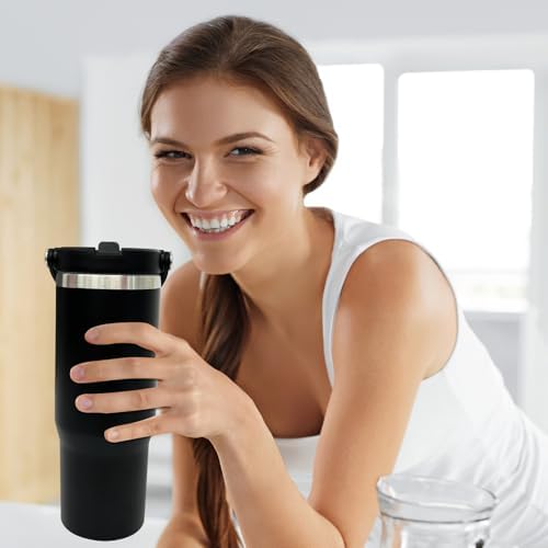 30 oz Tumbler with Handle, Water Bottle with Flip Straw, Black 1 pack