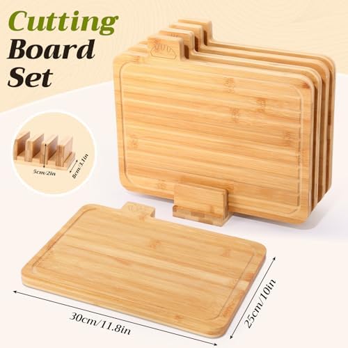 LemonRoad 4 Pack Wood Cutting Board Set with Holder, Bamboo