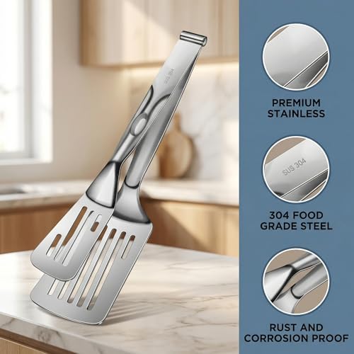 Durable 304 Stainless Steel Spatula Tongs, Rust-Proof 2-in-1 Cooking