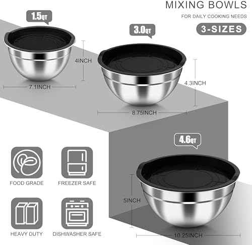 HaWare Mixing Bowls with Airtight Lids, 6-Piece Stainless Steel Salad