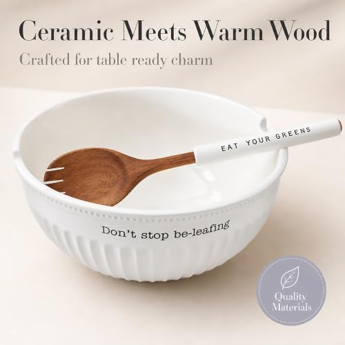Mud Pie Dolomite, wood Don't Stop Be-Leafing Salad Bowl Set, 32 oz