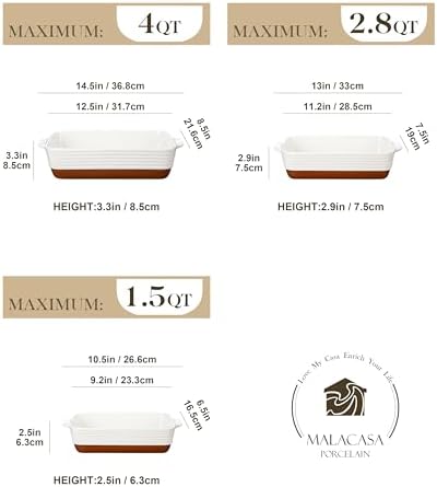 MALACASA Casserole Dishes for Oven, Ceramic Baking Dishes Set of 3