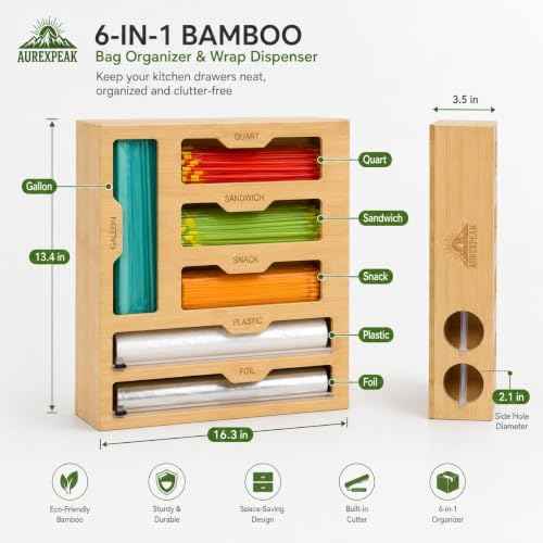 Bamboo 6-in-1 Foil and Plastic Wrap Organizer for Kitchen Drawers