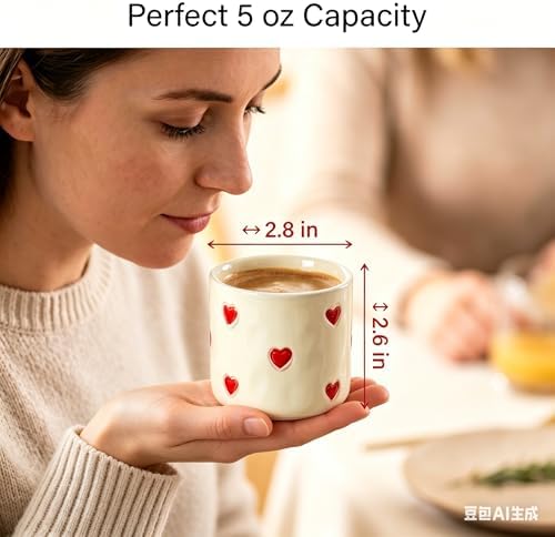 Espresso Cups Set of 4,5oz Ceramic Coffee Mugs with Red Heart Decor