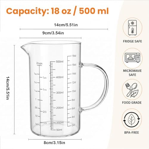 Graduated Glass Measuring Cup With Handle 500ML (16Oz, 2Cups)
