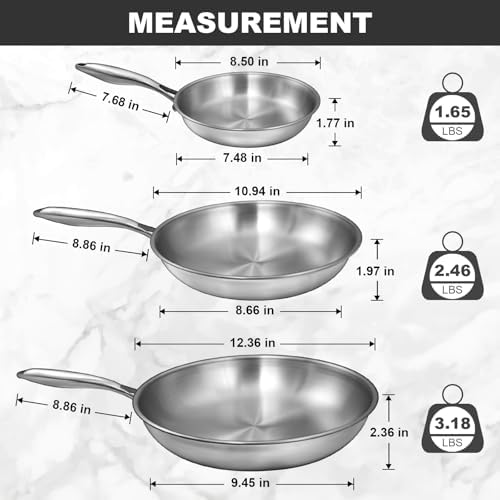 EWFEN Tri-Ply Stainless Steel Frying Pans Set, 8”/10”/12” Cooking