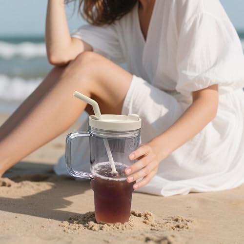3 Pack Plastic Tumblers with Handle and Straws Lids - 40oz, 26oz, 15oz