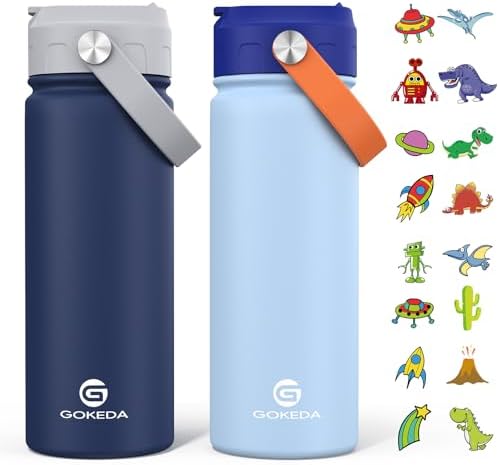 GoKEDA 18oz Kids Water Bottle, 2 Pack Stainless Steel Straw Cup