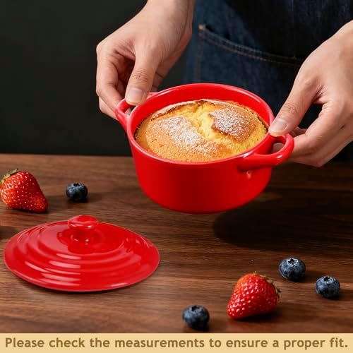 4 Pcs Mini Cocotte Set,Small Ceramic Casserole with Lids,16 Oz,Red