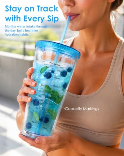 Zukro 32 oz Clear Reusable Plastic Cup with Lid and Straw, Double