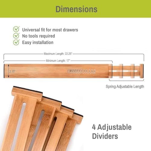 Purawood Bamboo Drawer Dividers, Adjustable Spring-Loaded, Expandable