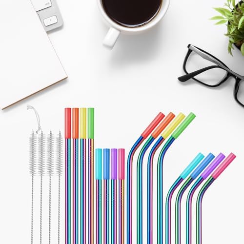 Metal Straws, 16Pcs/Set Vibrant Color Straws with Silicone Tips