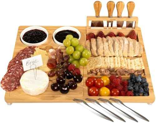 eleganlife Charcuterie Boards Set with Knives, Bamboo Cheese Board Large, Charcuterie Platters with Compartments, Serving Boards Gifts for Wedding, Birthday and Housewarming Party