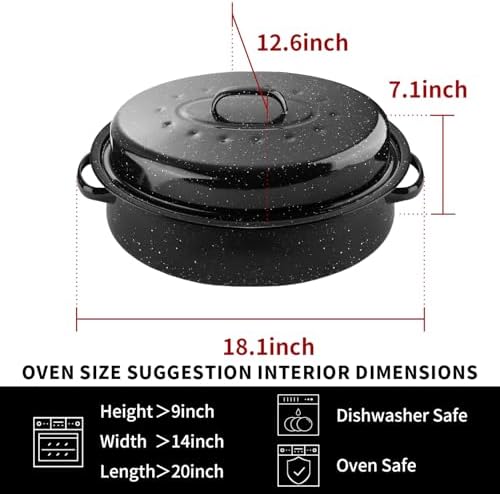 Roasting Pan Oval 18 Inch Enamel Steel with Lid,Black Covered Roaster