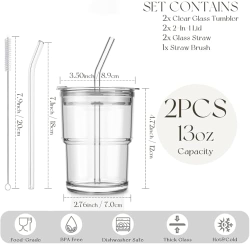 KEMORELA 13 oz Matcha Glass Cups with Lids and Straws, Iced Coffee