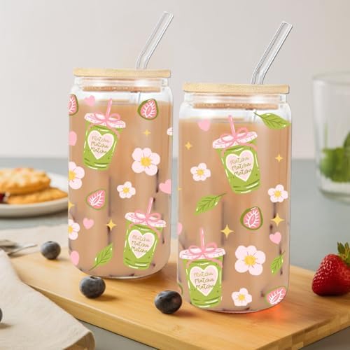 Cute Matcha Girly Glass Cup, Matcha Lovers Gift, Kawaii Glass Tumbler