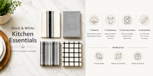 Elfranso Tea Towels, 100% Cotton Set of 4 Dish Towel, Grey & White
