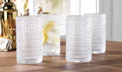 Glaver's Hobnail Drinking Glasses, Set of 4 Clear Vintage Beaded Glass