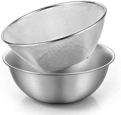 Stainless Steel Colander and Strainer Bowl Set, 3.2QT Rice Washer Strainer with Mixing Bowl, Multipurpose Kitchen Basket with Fine Mesh Colander Stainless Steel Pasta Strainers Solid Bowls