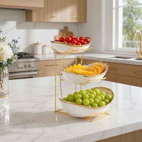 3 Tier White Ceramic Fruit Bowl with Gold Metal Stand, Modern Tiered Fruit Basket Rack for Kitchen Countertop, Large Storage Organizer for Fruit Vegetable Snacks Bread