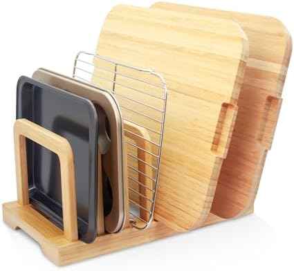 MinBoo Bamboo 5-Slot Adjustable Cutting Board Rack & Bakeware Organizer with Non-Slip Pads for Kitchen Storage,Small