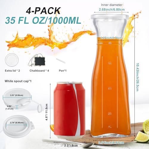 4 Pack Glass Carafe, 1 Liter Carafe for Mimosa Bar, Square Glass