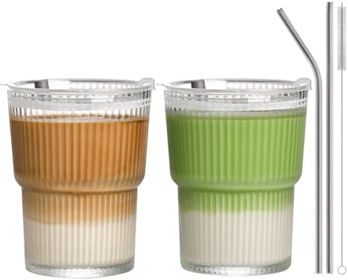 13oz Iced Coffee Cups,2Pcs Glass Cups with Lids and Straws Drinking
