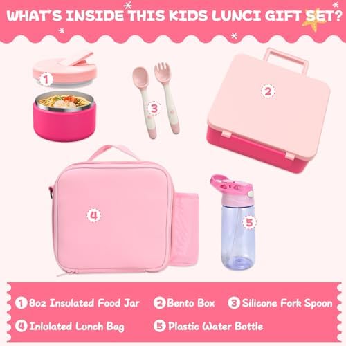 Kids Bento Lunch Box with 8oz Soup Thermo, Water Bottle, Leakproof