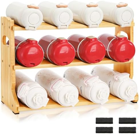 Pumtus Bamboo Water Bottle Organizer, 3-Tier Tumbler Storage Rack, 12