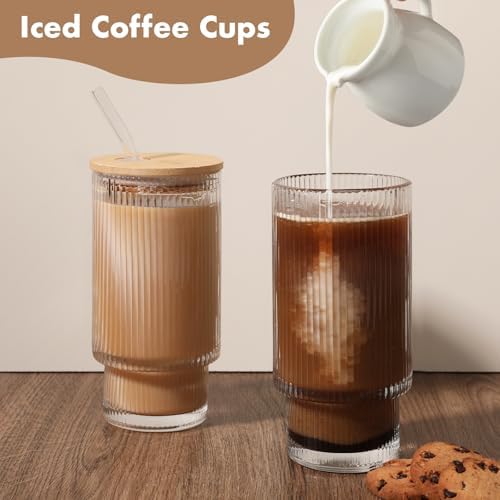 Glass Cups with Bamboo Lids and Straws - 16 oz Reusable