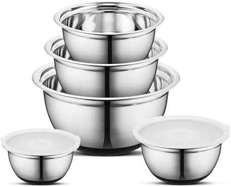 Avador Premium Stainless Steel Mixing Bowls with Lids Non-Slip, Set of 5 Mixing Bowl Set with Silicone Base, Space Saving, Great for Cooking, Baking, Prepping (0.25qt, 1qt, 1.5qt, 3qt, 5qt)