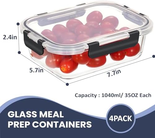 HOTEC 35OZ Glass Food Storage Container, 4-Pack