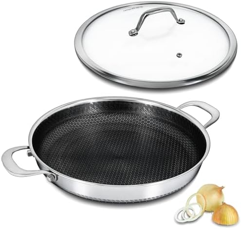 Hybrid Nonstick Skillet with Lid 13 Inch, Stainless Steel Paella Pan