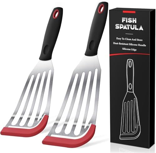 2Pcs Fish Spatula, Heat Resistant Silicone Edge for Nonstick Cookware