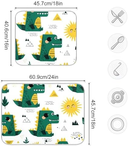 OTVEE Cute Dinosaur Pattern Dish Drying Mat for Kitchen Counter