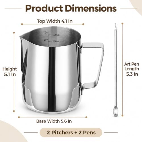 2 PCS Milk Frothing Pitcher, 32oz Stainless Steel Coffee Steaming