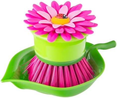 Vigar Flower Power Palm Dish Scrub Brush Holder, Pink, Green