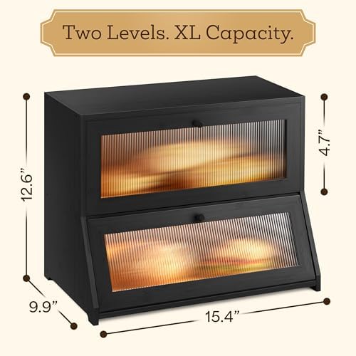 Large Bread Box for Kitchen Countertop - Black Bread Box, Bamboo Breadbox & Wooden Bread Boxes | Vintage Countertop Cabinet | Ventilated Double-Layer, Panoramic Windows, Cutters & Sealers
