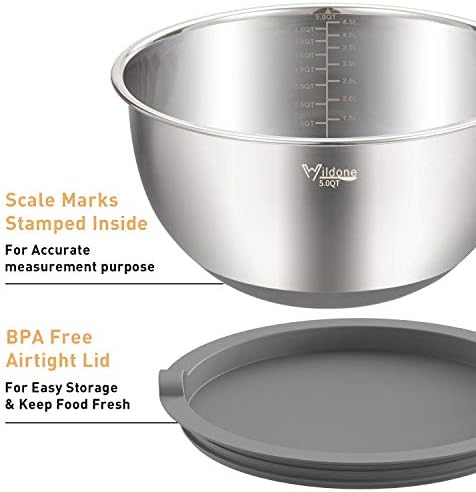 Wildone Mixing Bowls with Airtight Lids Set, 5PCS Stainless Steel
