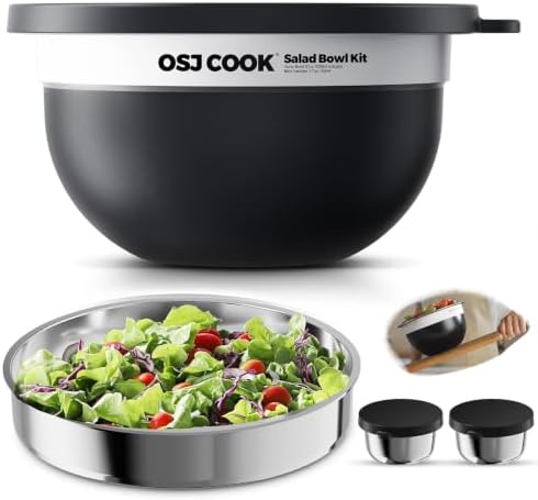 74oz Salad Bowl Kit with Lid & Tray, Scratch-Resistant 18/8 Stainless